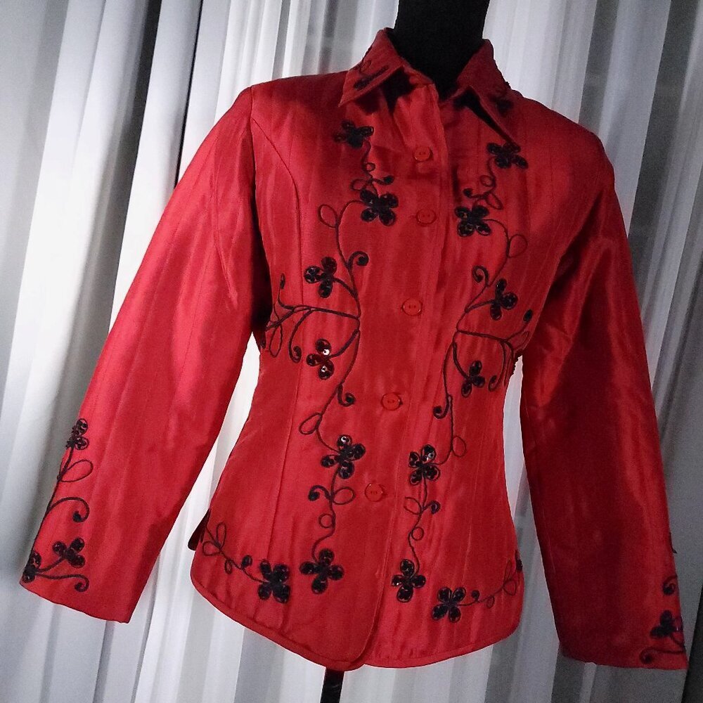 Carole Little Red 100% Silk Beaded Embroidered Statement Jacket Blazer Size S - Picture 1 of 16